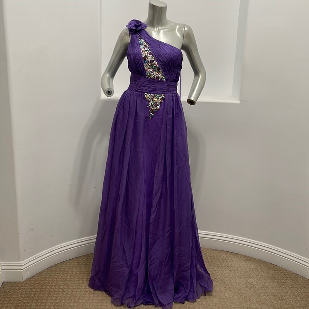 BICICI & COTY One Shoulder Purple Gown Beads Accent Size XS Special Occasion NWT